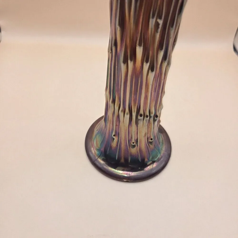 Iridescent Art Glass Ruffled Trumpet Vase Glossy Purple Multicolor 11